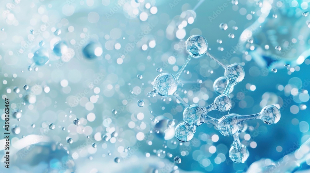 Poster a molecular structure composed of water droplets suspended in a blue and white bokeh background