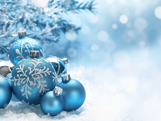 Blue christmas baubles on shiny and snowy winter background. Blue and white colors. Copy space.