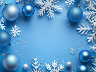 Christmas decoration with Christmas and New Year greetings on blue background. Christmas card concept. Copy space.