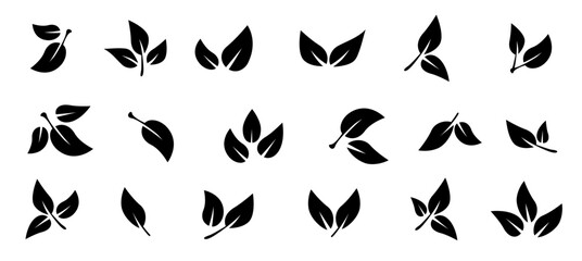 Leaves on white background.  Set of black leaf icons. Leaves of trees and plants. Ecology. Vector illustration.