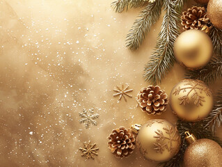 Golden Christmas Background with fir cones, Christmas baubles and fir branches. Copy space. Christmas card concept.