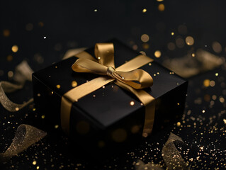 Black Christmas or birthday present with golden ribbon. Birthday or Christmas card concept. Copy Space.