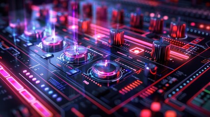 Fototapeta premium A futuristic 3D music player interface with vibrant holographic elements, featuring colorful control panels, knobs, buttons, and visual waveform displays.