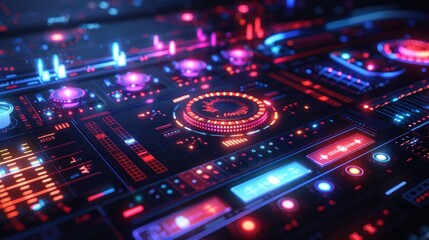 Fototapeta premium A futuristic 3D music player interface with vibrant holographic elements, featuring colorful control panels, knobs, buttons, and visual waveform displays.