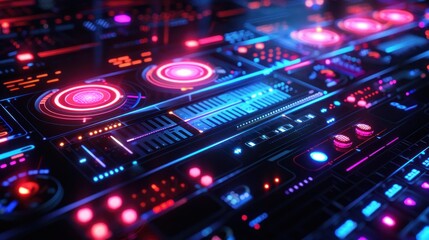 Fototapeta premium A visually stunning digital 3D music player interface with vibrant holographic displays, buttons, and control panels in neon colors.