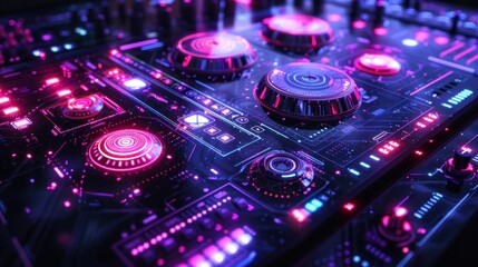 A high-tech digital music player interface with holographic elements, featuring intricate blue and red lighting and detailed controls.