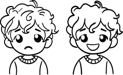 Two Expressions of a Kid sad and Smile in Hand-Drawn Doodle Illustration in black and white line art