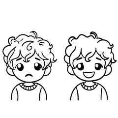 Two Expressions of a Kid sad and Smile in Hand-Drawn Doodle Illustration in black and white line art