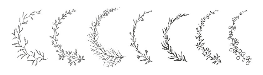 Leaves, flowers, branches in line art and silhouette. Hand drawn botanical floral elements for wedding invitation, frame, border, label, logo, corporate identity, wreath. Vector illustration