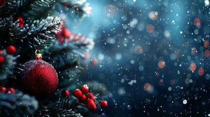 Festive Christmas Tree with Red Ornaments and Snowy Background in Winter Wonderland