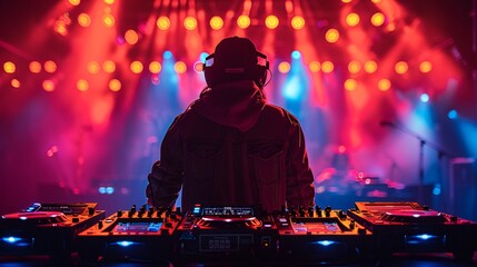 DJ Mixing Music in a Dark Club with Lights