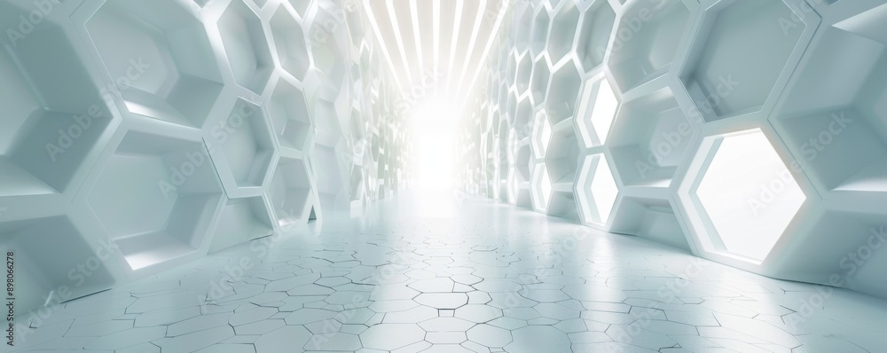 Poster futuristic white corridor with hexagonal patterns and bright light at the end, creating a modern and