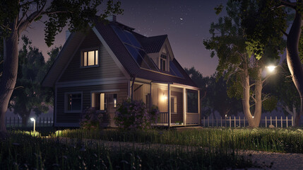 Naklejka premium A modern house equipped with solar panels on the roof, showcasing sustainable living and renewable energy integration in residential architecture. 