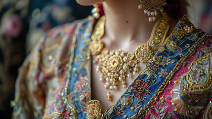 Close Up of a Woman Wearing Elaborate Gold Jewelry and a Blue and Pink Sari