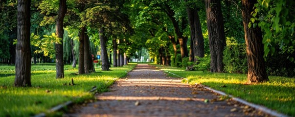 A serene pathway lined with lush trees, offering a peaceful retreat for nature lovers and walkers.