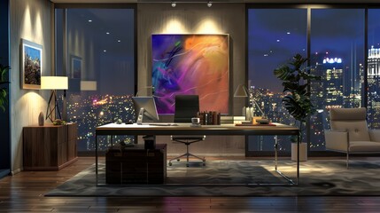 stylish home office in a penthouse, featuring a sleek desk, modern art, and floor-to-ceiling windows with city lights views