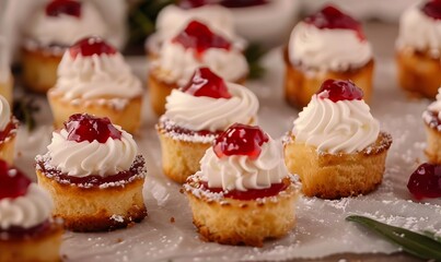 small cakes with cream and jam spread, Generative AI