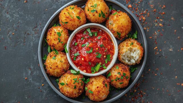 Delicious Italian Rice Balls With Tomato Sauce On Plate