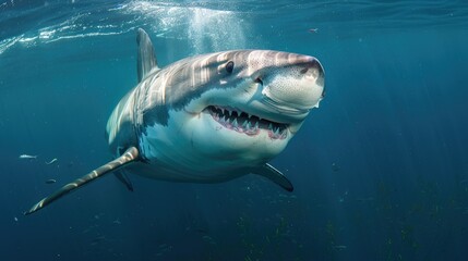 Fototapeta premium A shark in the depths of the ocean. An open dangerous mouth with many teeth. The waves of the blue sea, clear water.