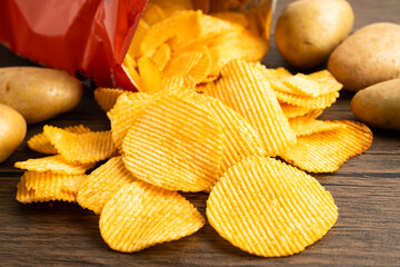 Potato chips fried snack fast food in open bag.