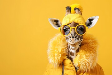 A giraffe in glam fashionable high-end, wearing yellow sunglasses and a matching yellow jacket and beanie is set against a yellow background, creating a fun and fashionable vibe.