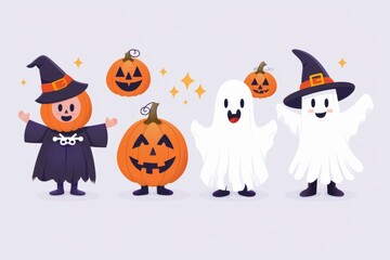 festive outfits, Jack-o'-lanterns, and playful ghosts, capturing the Halloween spirit.
