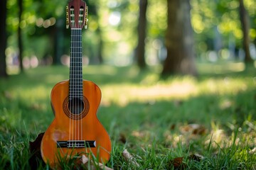 Acoustic guitar standing on grass in a sunny park