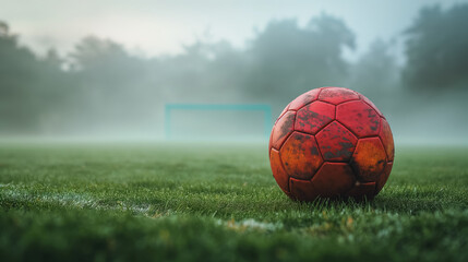 Naklejka premium Worn red soccer ball on a misty green field with a goal post in the background, creating a nostalgic, serene scene.