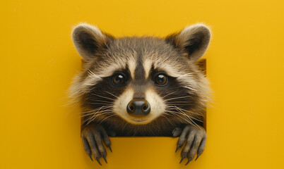 Obraz premium A raccoon peeking over a yellow surface with a vibrant yellow background. The raccoon's face and paws are clearly visible, giving a playful and curious impression.