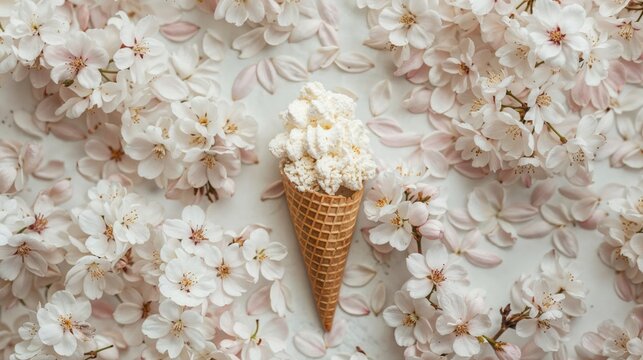 Ice Cream Cone with Blossoming Flowers - Delightful and Whimsical Art