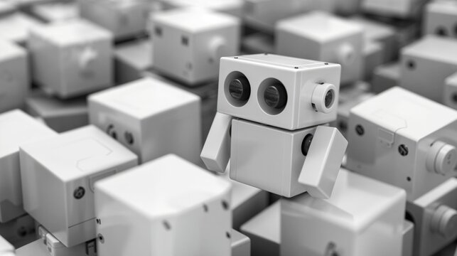Unique White Robot Standing Out in a Crowd of Identical Cubes