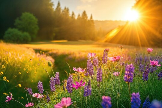 Beautiful Wildflowers at Sunset. Colourful Wild Blooms in Warm Sunlight.