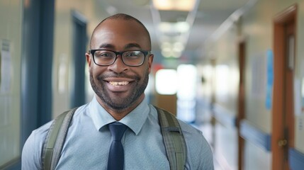 Fototapeta premium African American Male High School Teacher Smiling in Hallway