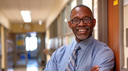 Obraz premium African American Male High School Teacher Smiling in Hallway