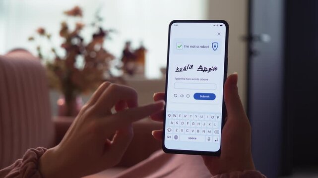 Completing CAPTCHA verification on a smartphone. Proving not to be a bot. Fictional Interface.