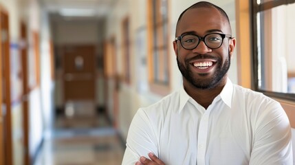 Obraz premium African American Male High School Teacher Smiling in Hallway