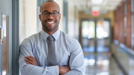 African American Male High School Teacher Smiling in Hallway