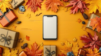 Autumn Big Sale promotion online shopping on smartphone,orange sale in autumn,banner Poster template with Product display stage,Vector 3d ad illustration for promotion,autumn maple leaves fall.