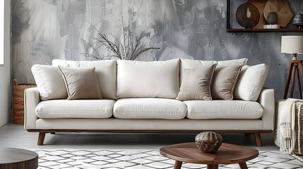 Chic and Cozy Cream Sofa in Minimalist Living Space with Warm Ambient Lighting