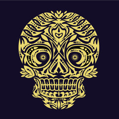 Gold color skulls patterns graphic print, It represents death in the next world, Design element for logo, tattoo, textile, fabric pattern design decorations templates and other designs.