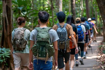 Obraz premium Group of friends enjoying a scenic hike through the beautiful mountain trails on a sunny day