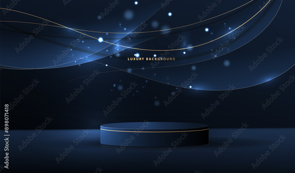 Poster empty podium presentation display studio with blue light lines and dots vector on black background. 