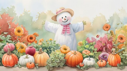 Fototapeta premium Autumn vegetables, scarecrow watching, fall recipe preparations, rustic kitchen, Watercolor style