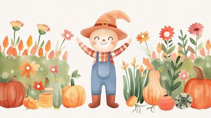 Fototapeta premium Autumn vegetables, scarecrow in garden, fall recipes book, rustic kitchen, Watercolor style
