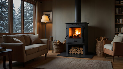 living room with fireplace, ai generated