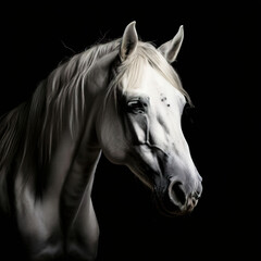 White horse portrait, close up image of a white horses head on a black background, image created with generative ai.
