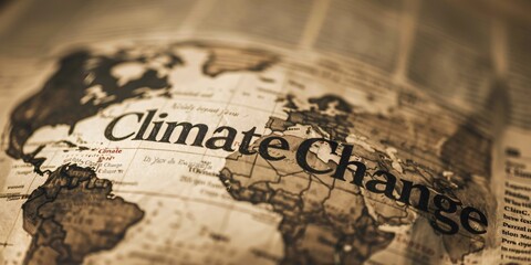 Global warming and environmental shifts featured in sepia newspaper headline.