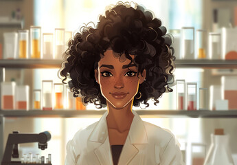 a cute cartoon of an African American woman scientist in her lab