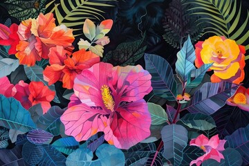 Watercolor illustration of a vibrant floral pattern with assorted flowers and intricate leaf details