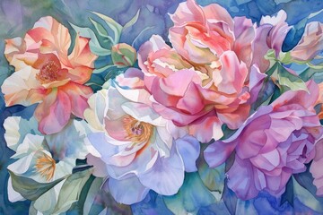 Elegant watercolor painting of a bouquet with assorted colorful flowers and soft, flowing petals